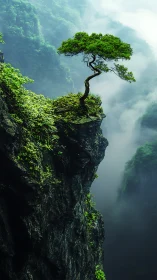 Solitary bonsai atop misty cliff in lush mountain gorge.