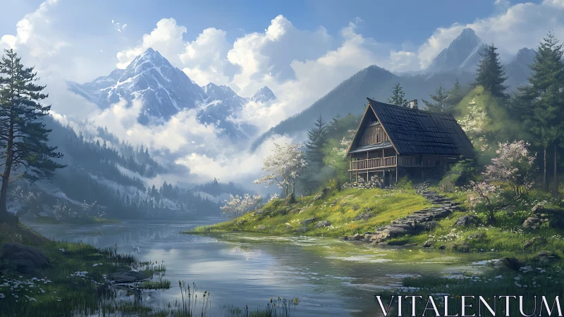 Mountain cabin rests by tranquil lake under soft spring light