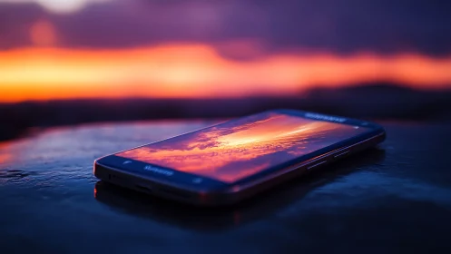 Smartphone reflects glowing sunset in vivid twilight hues.
