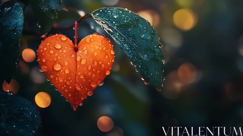 Red leaf heart glistens with raindrops beneath protective teal canopy.