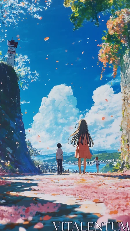 Anime seaside path with teens under vivid summer sky.