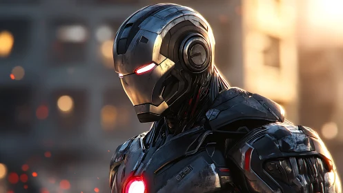 Steel-clad guardian pauses in sunset-lit city streets.