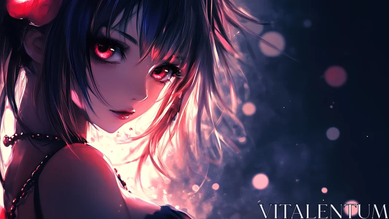 Crimson-eyed anime girl in luminous night glow.