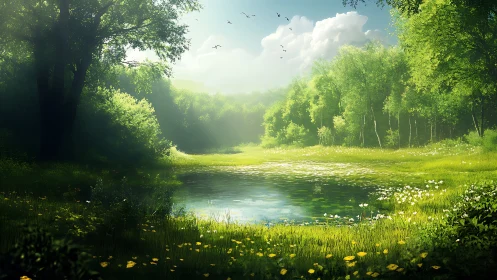 Sunlit Forest River Clearing with Trees and Wildflowers