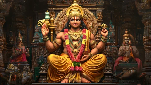 Golden temple deity in radiant garlands and storytelling silence.