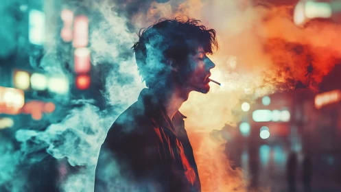 Silhouetted smoker in neon city haze at night street.