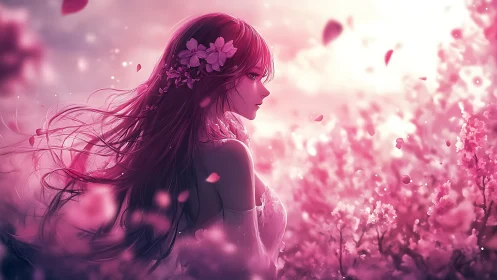 Anime girl in pink blossom field under glowing sunset.