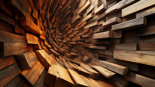 Twisted Wooden Tunnel with Surreal Geometric Patterns.
