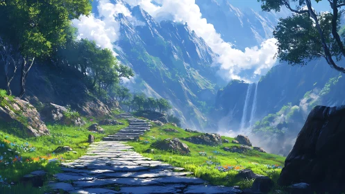 Stone path across green valley with distant waterfall scene.