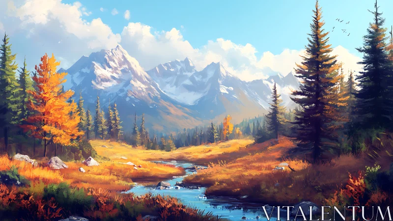 Mountain valley stream with conifer forest in autumn light.