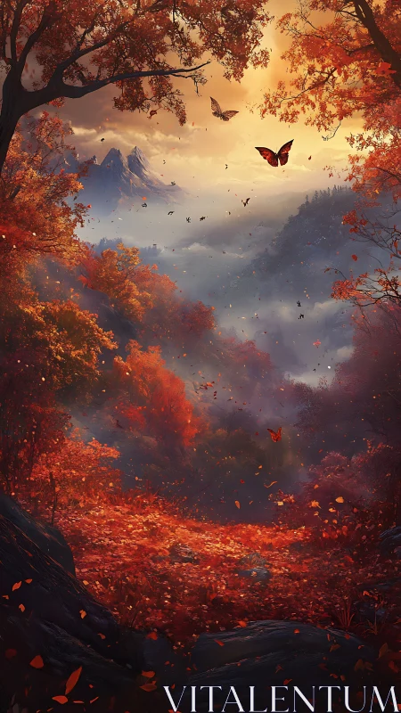 Autumn forest valley with red foliage and distant peaks.