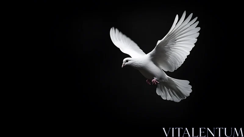 White dove in flight against black background