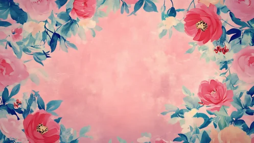 Floral composition with pink blooms and teal foliage on gradient background.
