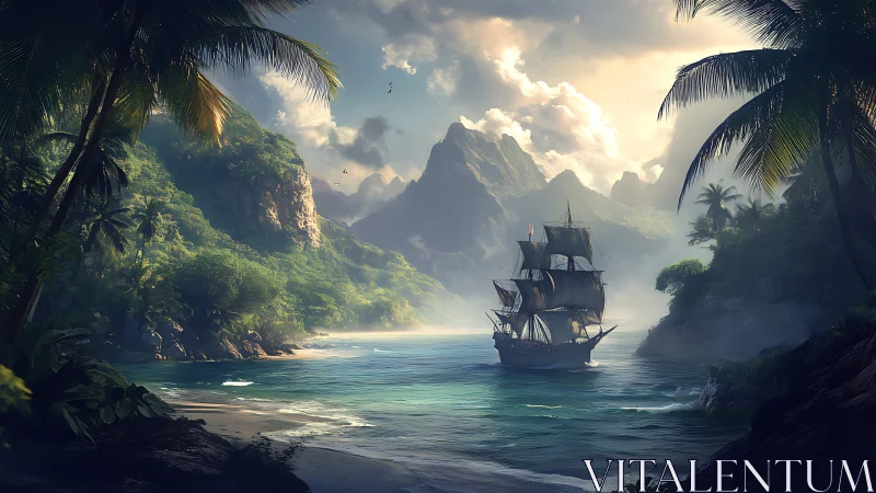 Tropical Galleon in Luminous Coastal Cove with Dramatic Geology.