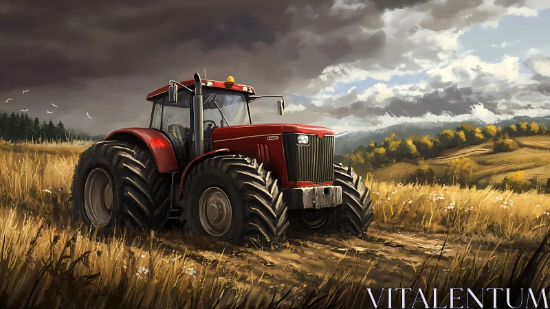 Red tractor stands in golden field under gathering storm clouds