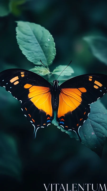 Butterfly with orange wings on leaf in shallow depth field.