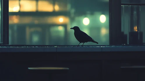 Silhouette of a crow on urban windowsill at night.