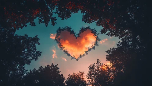 Heart-shaped cloud forms between forest canopy at golden hour.