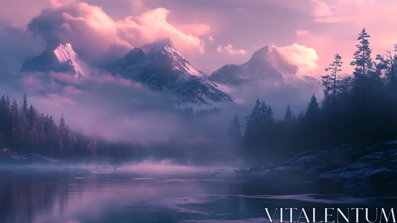 Cotton-candy dawn wrapping ghostly mountains in violet hush.