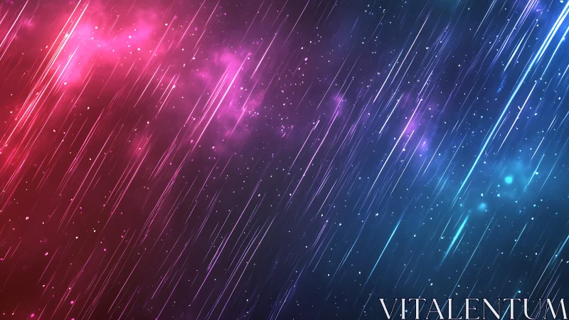 Neon meteor light streaks over gradient cosmic sky.