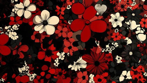 Dense Floral Tessellation: Chromatic Red, Cream, Black Petal Composition.