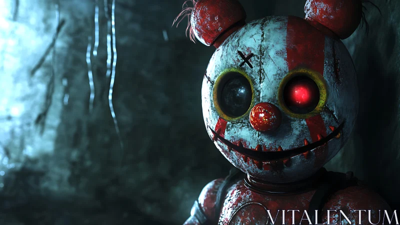 Creepy clown bear robot with glowing eye in dark cave.