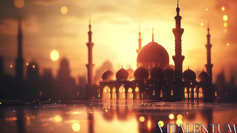 Golden sunset mosque skyline rendered in soft bokeh light.