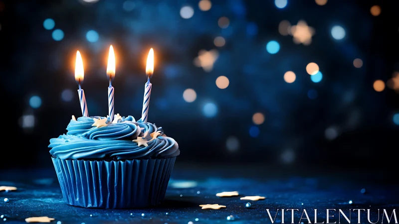 Blue Cupcake Birthday Celebration Against Bokeh Night Sky.