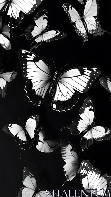 Monochrome butterflies in high contrast on black field.