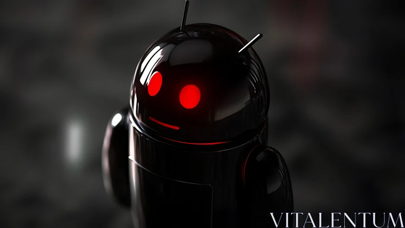 Gleaming black android with ominous red glowing eyes.