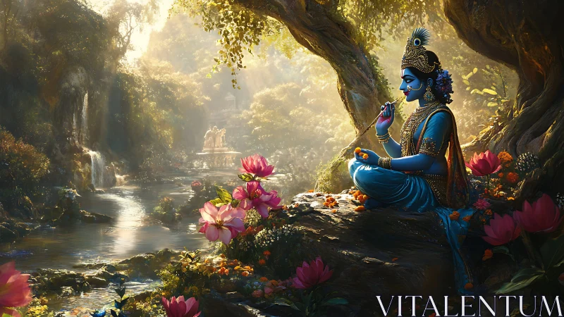 Blue-skinned figure sits by a forest stream playing flute