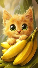 Orange Cat Holding Bananas with Luminous Green Eyes