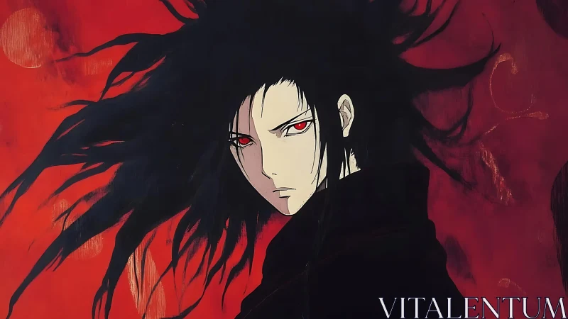 Scarlet storm eyes and midnight hair cut across crimson skies.