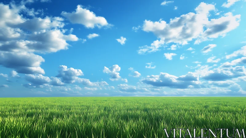 Wide green grass field under bright blue cloudy sky.
