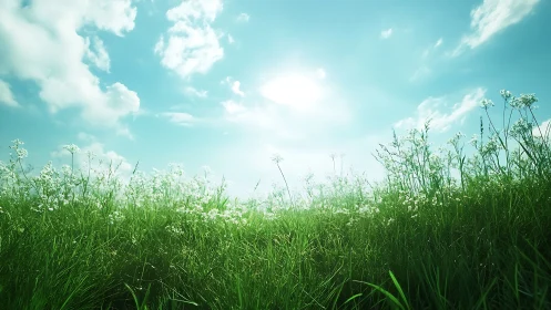 Wildflower meadow basking beneath a wide whispering sky.
