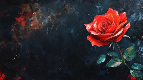 Scarlet rose glows against richly textured dark backdrop.