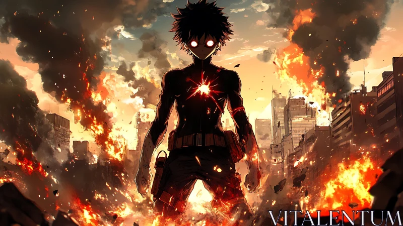 Backlit anime superhuman amid urban firestorm detonation