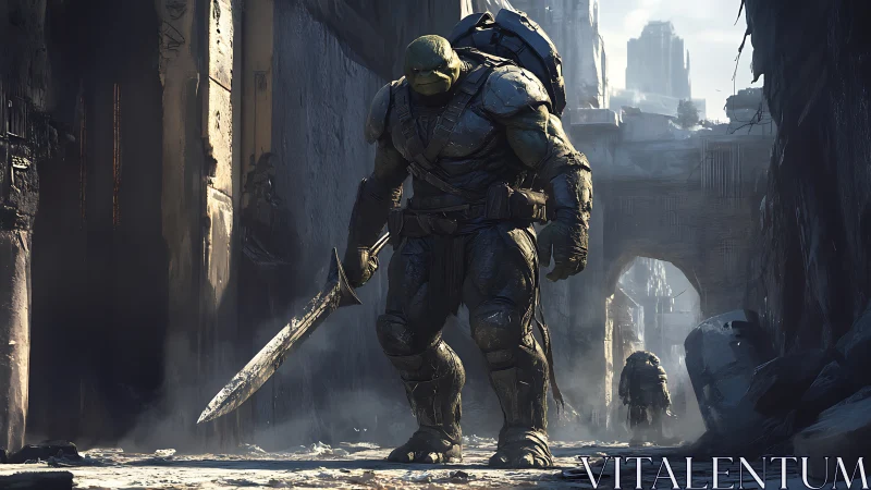 Armored alien warrior advances through ruined urban canyon