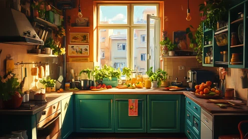 Sunlit cozy kitchen with teal cabinets and fresh produce.