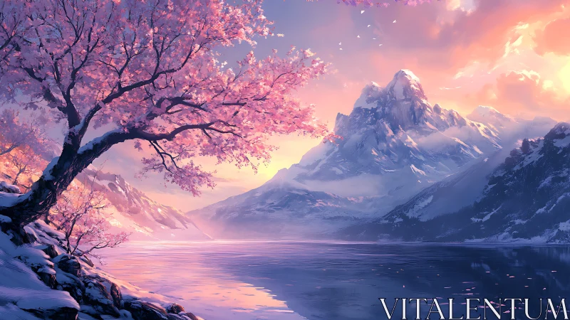 Snowy mountain lake with pink-blossomed tree at sunset.
