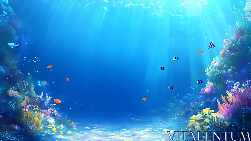 Submerged coral reef scene shows fish dispersed in clear water