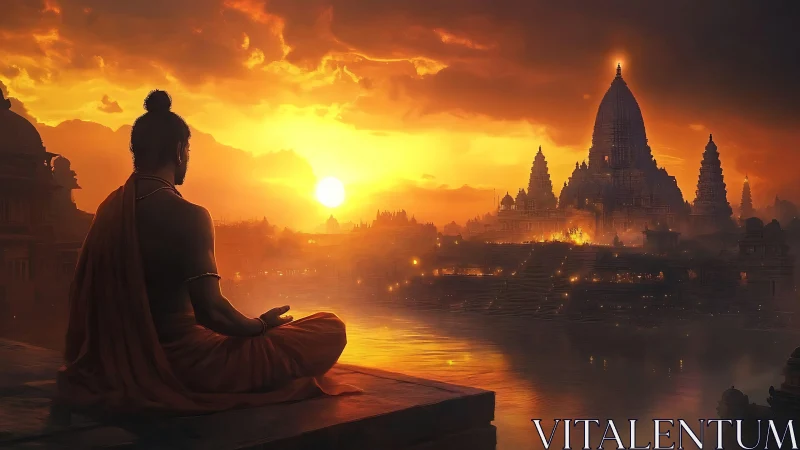 Monk meditates beside glowing temple city at sunset