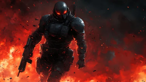 Armored futuristic soldier walks through intense firestorm