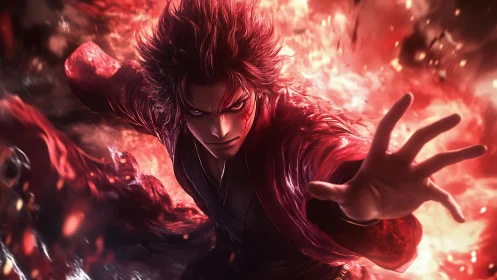 Male anime figure in red energy field with forward reach.