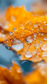 Golden autumn leaf holds sparkling raindrops in macro view.
