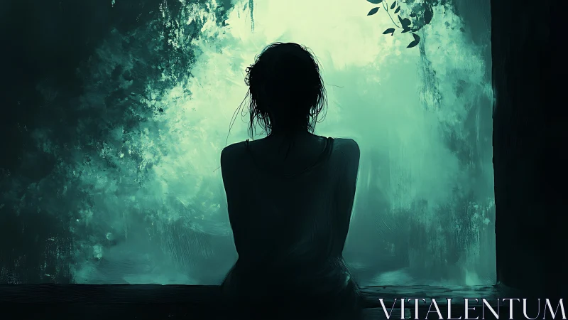 Silhouette of seated figure before diffuse teal window light.