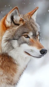 Wild wolf portrait in falling snow, sharp winter profile.