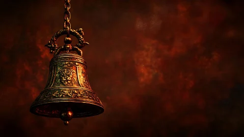Ornate brass bell hangs on chain before diffuse dark backdrop