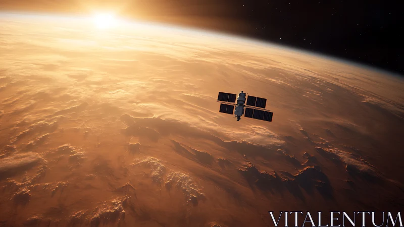 Solar sentinel drifting above a dawn-lit Martian frontier.