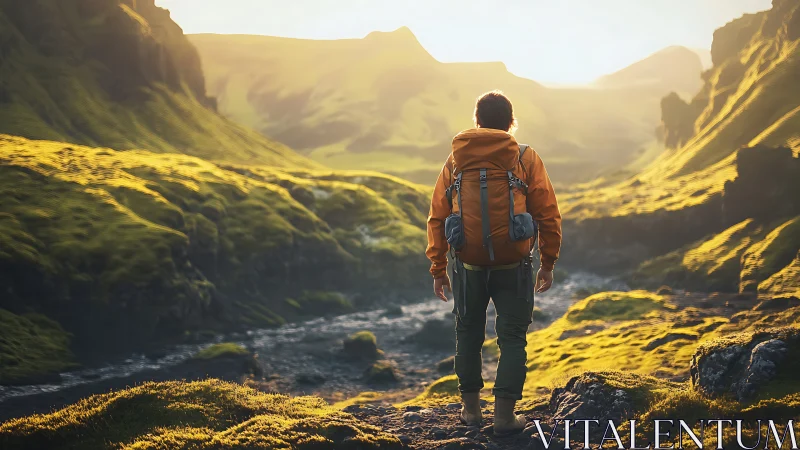 Lone trekker drinks sunrise light in mossy mountain valley.